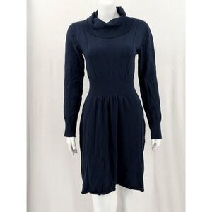 Yorn Sweater Dress Womens 42 Navy Cowl Neck Long Sleeve Knit Ribbed Pullover